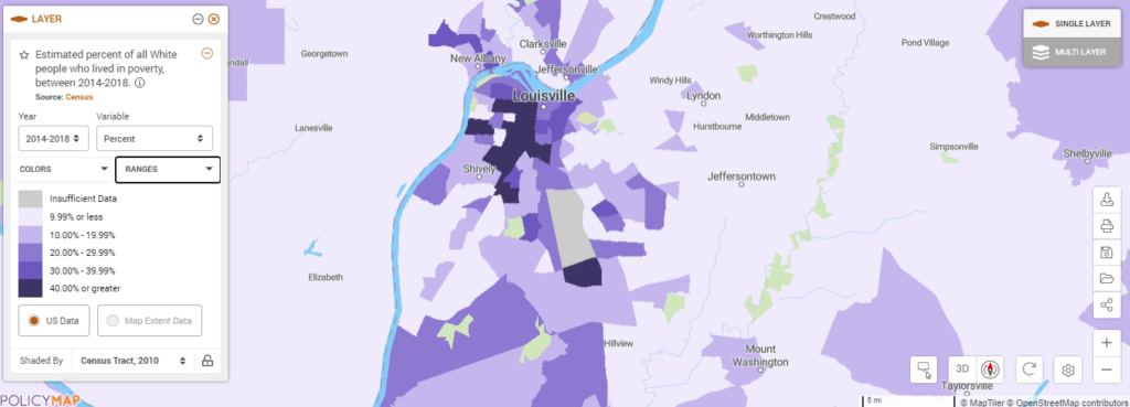 Map of White people living in poverty in Louisville, Kentucky.