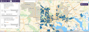 Map of Baltimore showing areas with lower capacity schools, limited digital access, and neighborhoods with Black and Latinx residents.