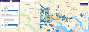 Map of Baltimore showing the estimated percent of households without any type of computer and households without internet access.