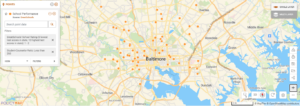 Map of Baltimore public schools with performance challenges and fewer counselors for mental health support.