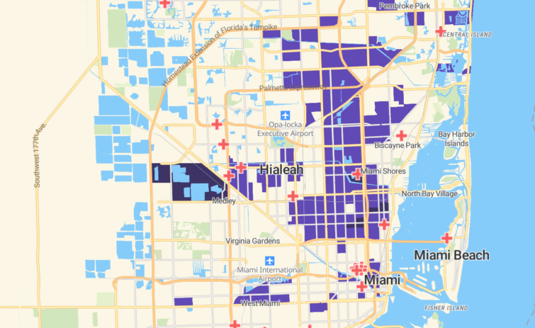 Map showing neighborhoods in Miami-Dade County where residents are most vulnerable to complications from COVID-19.