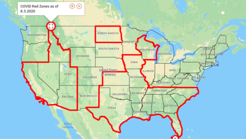 Map of the United States showing federally-designated red zones, which are places reporting more than 100 new cases per 100,000 people in the last week.