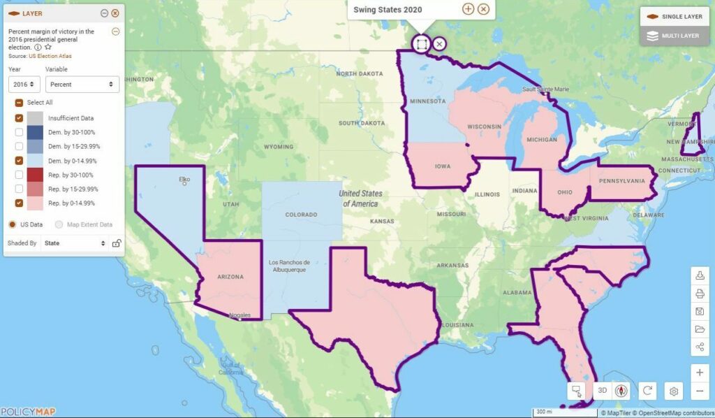 Map of the United States showing states with narrow margins of victory in the 2016 presidential election along with swing states for the 2020 presidential election.