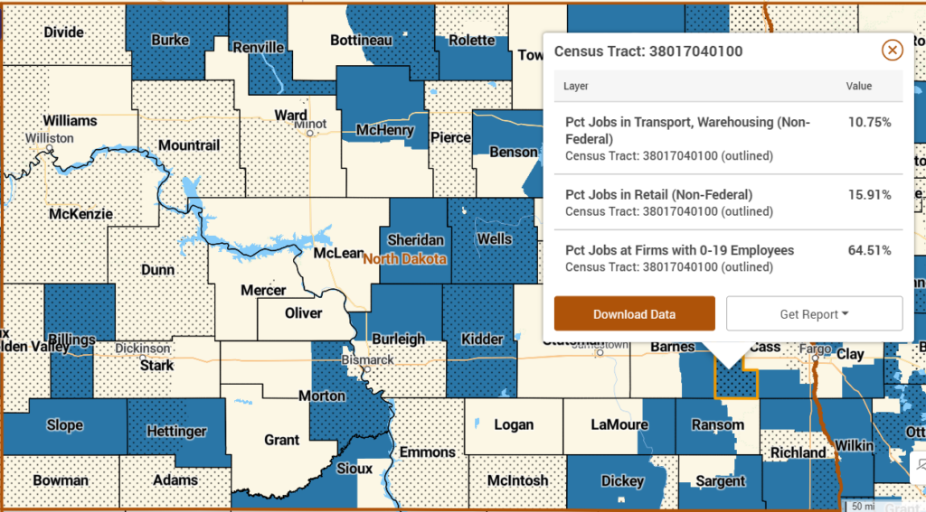 Map shows census tract in Cass County, North Dakota and the percent of jobs in firms with 0-19 employees which is 64.51%, showing the large percentage of small busineses in Cass County.