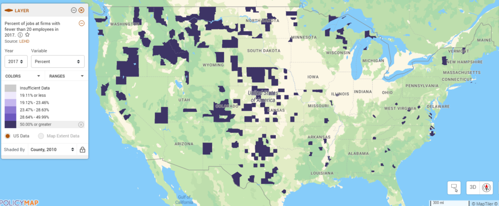Map of the United States shows counties with 50% or greater of jobs at firms with fewer than 20 employees in 2017. There is a concentration of counties in the upper midwest, specifically, North Dakota, Montana, and Idaho.
