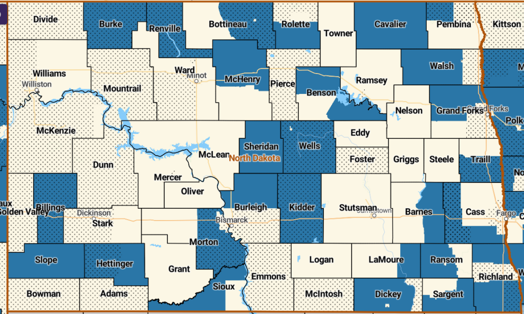 Map of North Dakota counties displaying small businesses that employ more than 50% workers in that tract. The dot overlay shows higher percentages of firms in high-risk industries. There's an overlay of both in Wells, Billings, Burke, Kidder, and Renville counties.