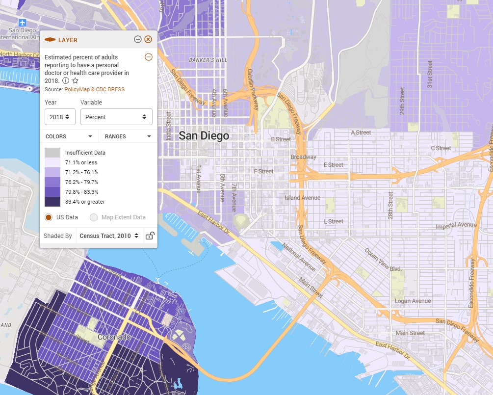 Map of San Diego, CA displaying estimated percent of adults reporting to have a personal doctor or health care providers in 2018. 