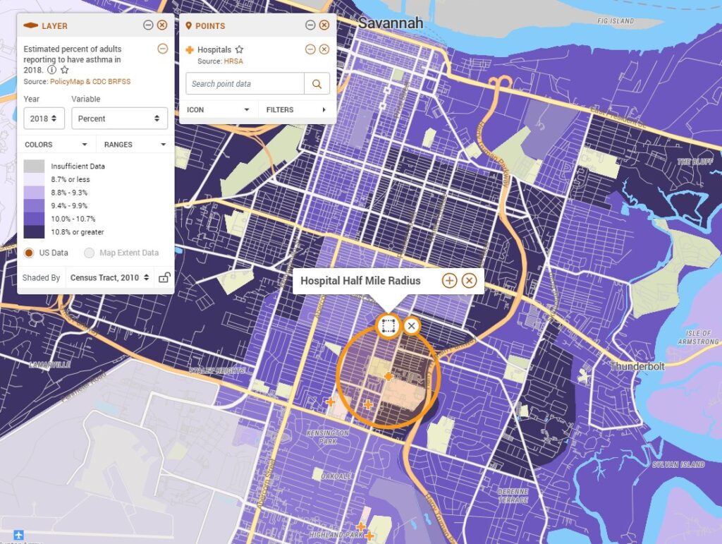 Map of Savannah, GA displaying estimated percent of adults reporting to have asthma in 2018 with hospital points overlaying map. 