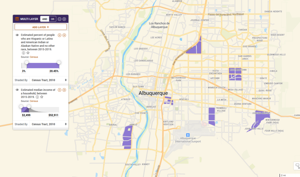 Map shows areas in Albuquerque, NM where the population of Hispanic or Latino and American Indian is greater than 3% and areas where the estimated household income is below the median