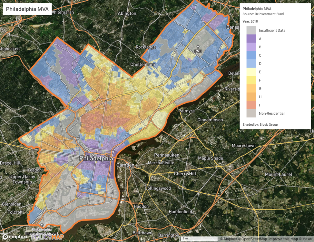 Map of Philadelphia showing the Market Value Analysis 