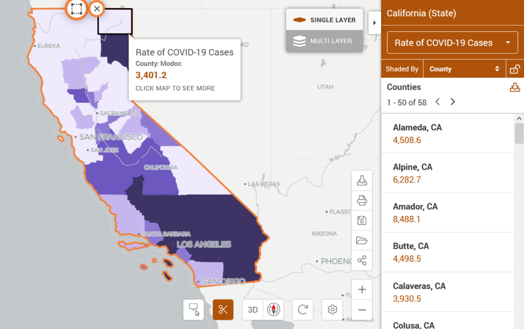 Map of California showing the rate of COVID-19 Cases. 