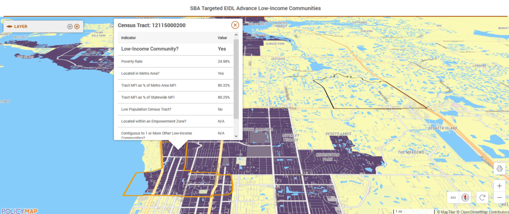 Map displaying eligible census tracts for the SBA Targeted EIDL 