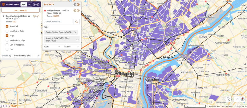 Map shows Philadelphia, PA overlayed with the social vulnerability index and bridges in poor condition.