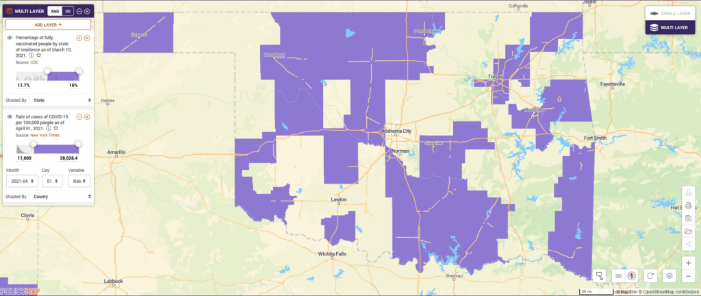 Map of Oklahoma shows counties experiencing spikes in COVID-19 cases despite having a high percentage of fully vaccinated people