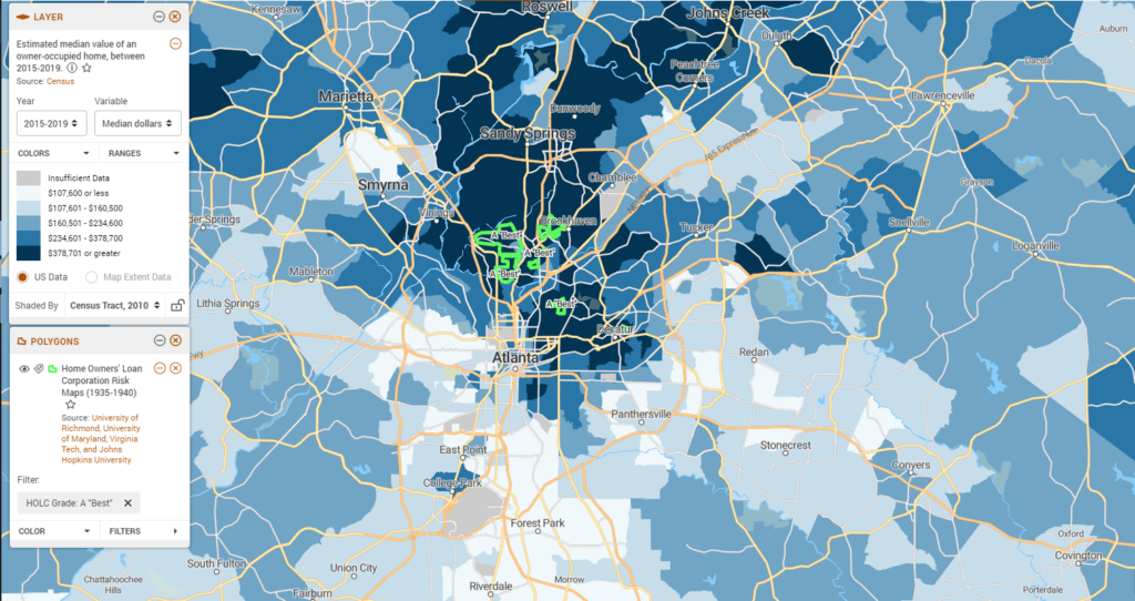 Map displays Atlanta, GA estimated median home values between 2015-2019 and the areas graded 'A' 