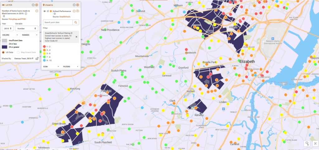 Map displays Elizabeth, NJ and the census tracts with the highest number of home loans made to Black borrowers in 2019. This is overlayed with school performance data highlighting were the best and worst schools are located.