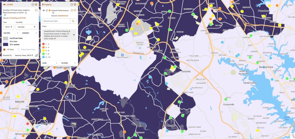 Map displays number of home loans made to Black borrows overlayed with schools with high performances