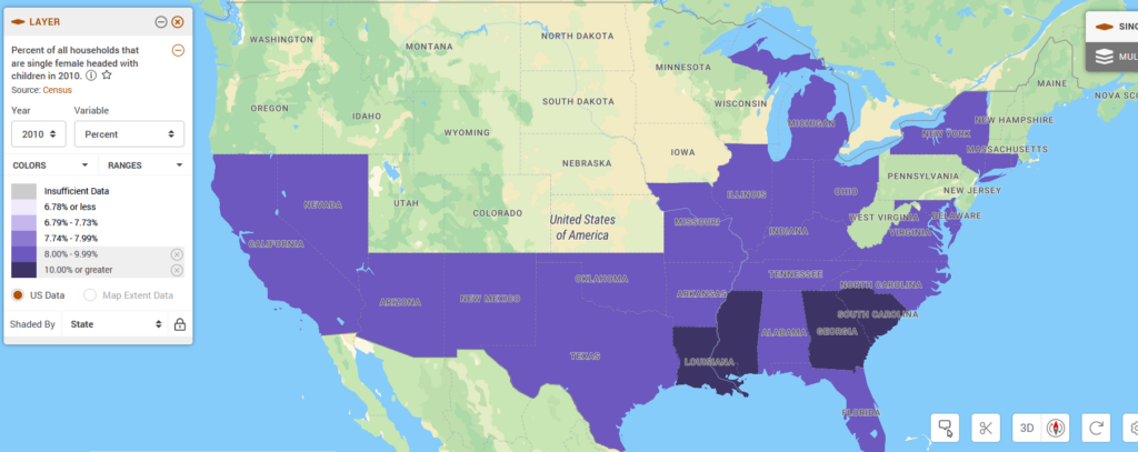 Map highlights states with single women headed housholds with children