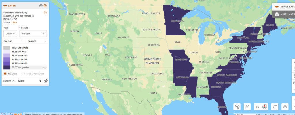 Map displays the states where the workforce is at least 50 percent women
