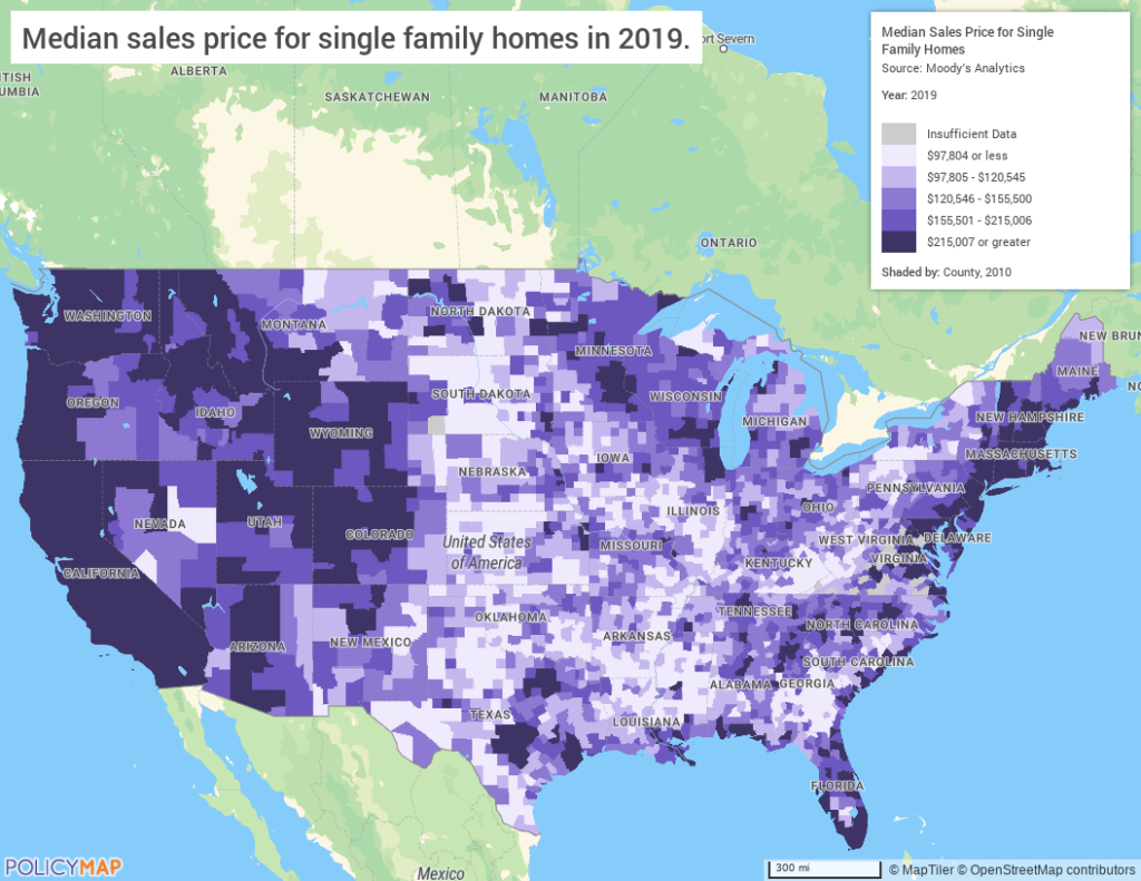 Map shows US median sales price for single gamily homes in 2019