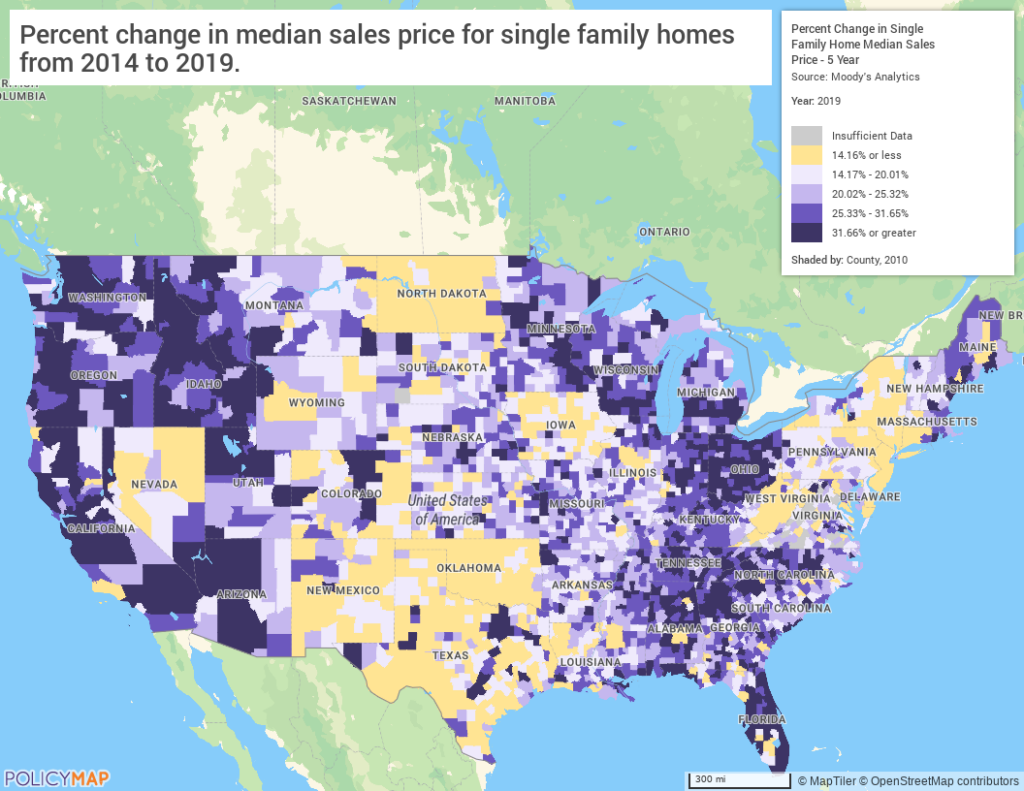 Map shows the percent change in median sales price for single family homes from 2014 to 2019