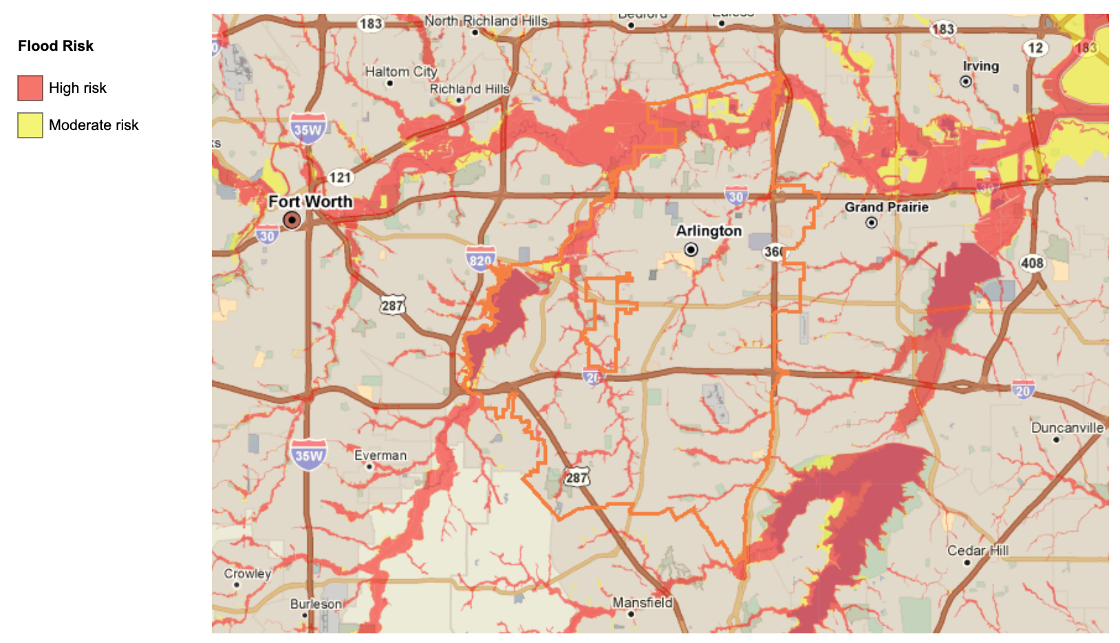 Map of Arlington, TX’s flood risk