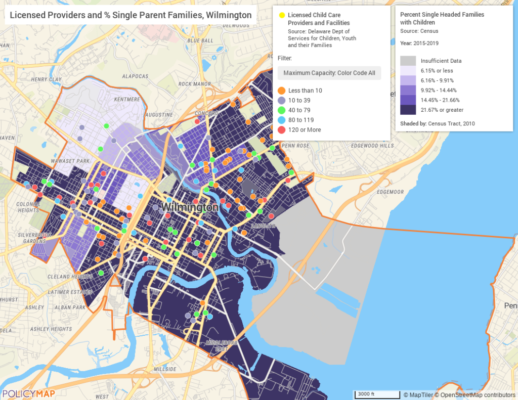 Map of Licensed providers and percent of single parent families in Wilmington, Delaware. 