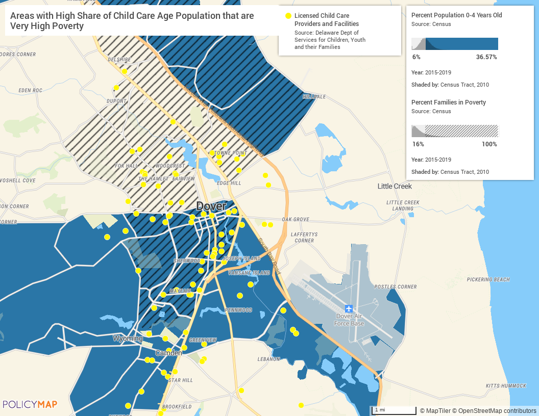 Map of Areas with High Shares of Child Care Age Population that are Very High Poverty.