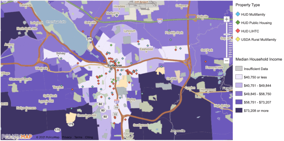 Animated image shows an interactive map that pinpoints every affordable housing unit across Syracuse by property type