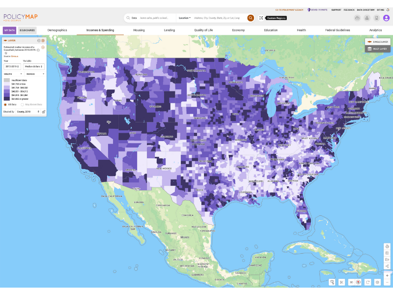 PolicyMap Platform with data layered across the United States 