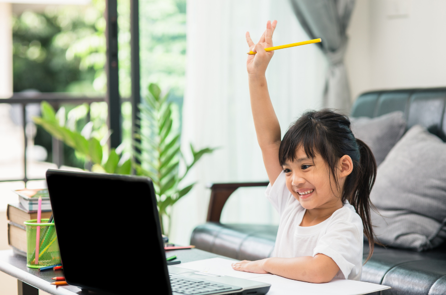 Student Raises Her Hand In Online School Remote Class