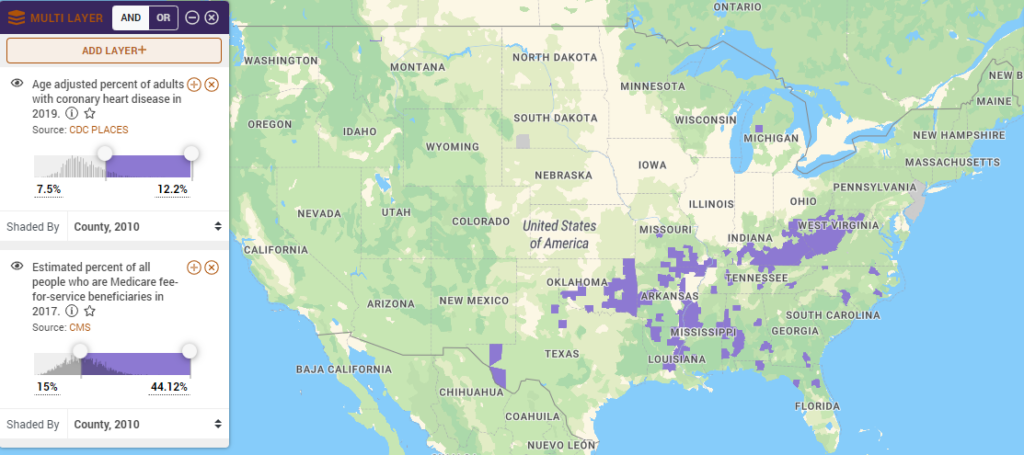 Map of Frequency of Medicare Beneficiaries and Coronary Heart Disease 2019