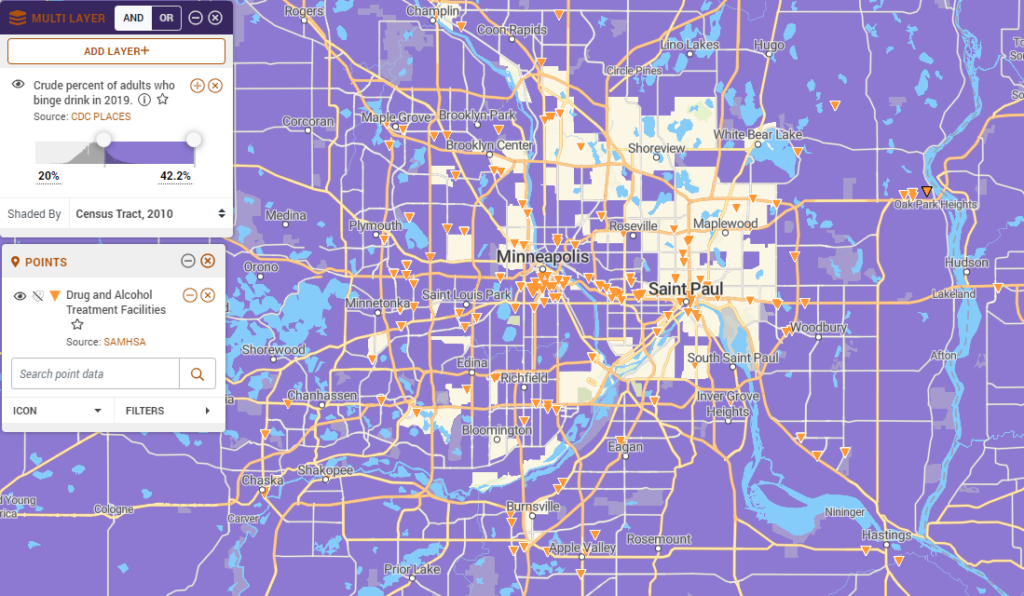 Map of Binge Drinkers in Minneapolis and Saint Paul Drug and Alcohol Treatment Facilities in 2019