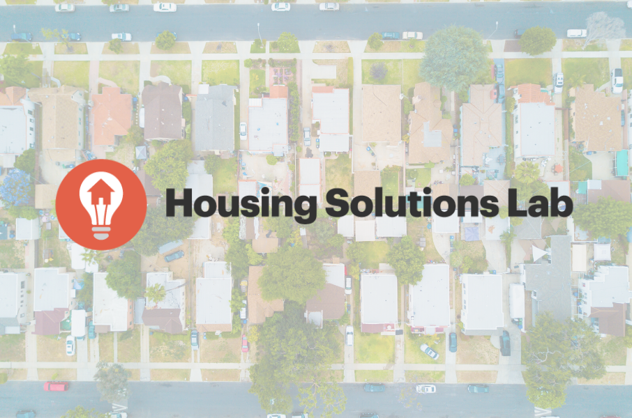 Housing Solutions Lab logo over California neighborhood homes